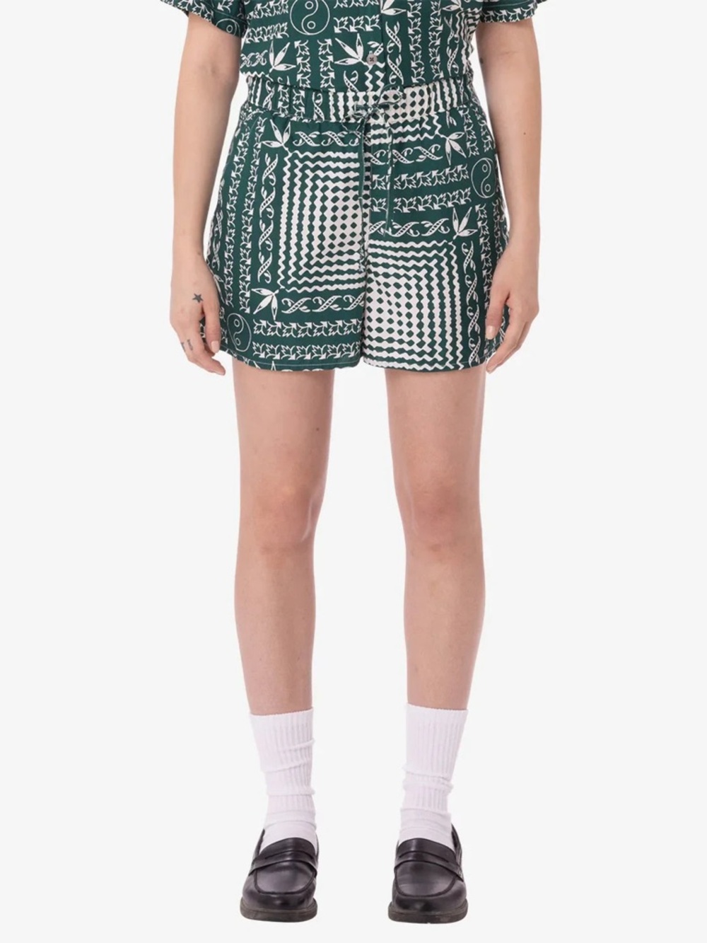 Obey Angelica bandana shorts drawstring waist green white print